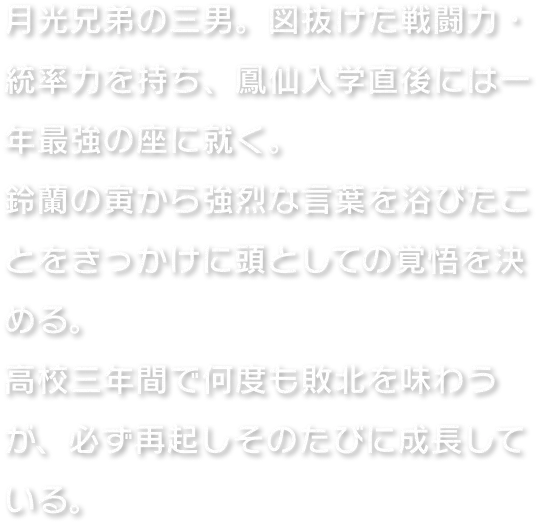 月光兄弟の三男。図抜けた戦闘力・統率力を持ち、鳳仙入学直後には一年最強の座に就く。鈴蘭の寅から強烈な言葉を浴びたことをきっかけに頭としての覚悟を決める。高校三年間で何度も敗北を味わうが、必ず再起しそのたびに成長している。